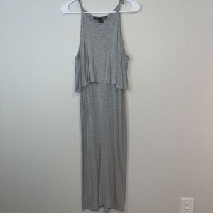 Rebel Sugar Tiered layered Gray Maxi Dress Size Large Slit Up Back Boho